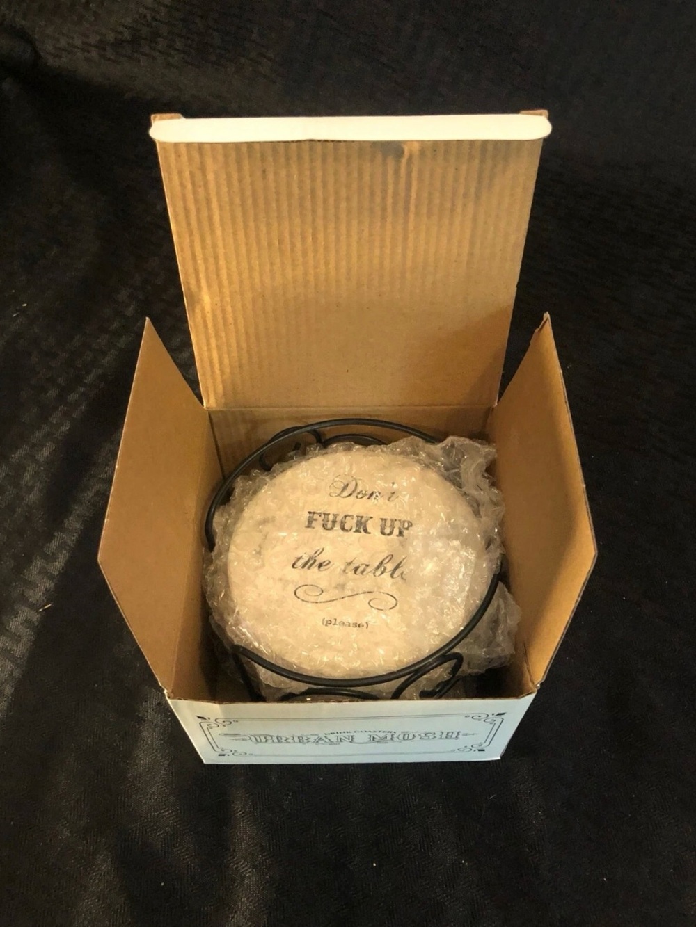 Decorative Stone Coaster Set with Holder - White Script
